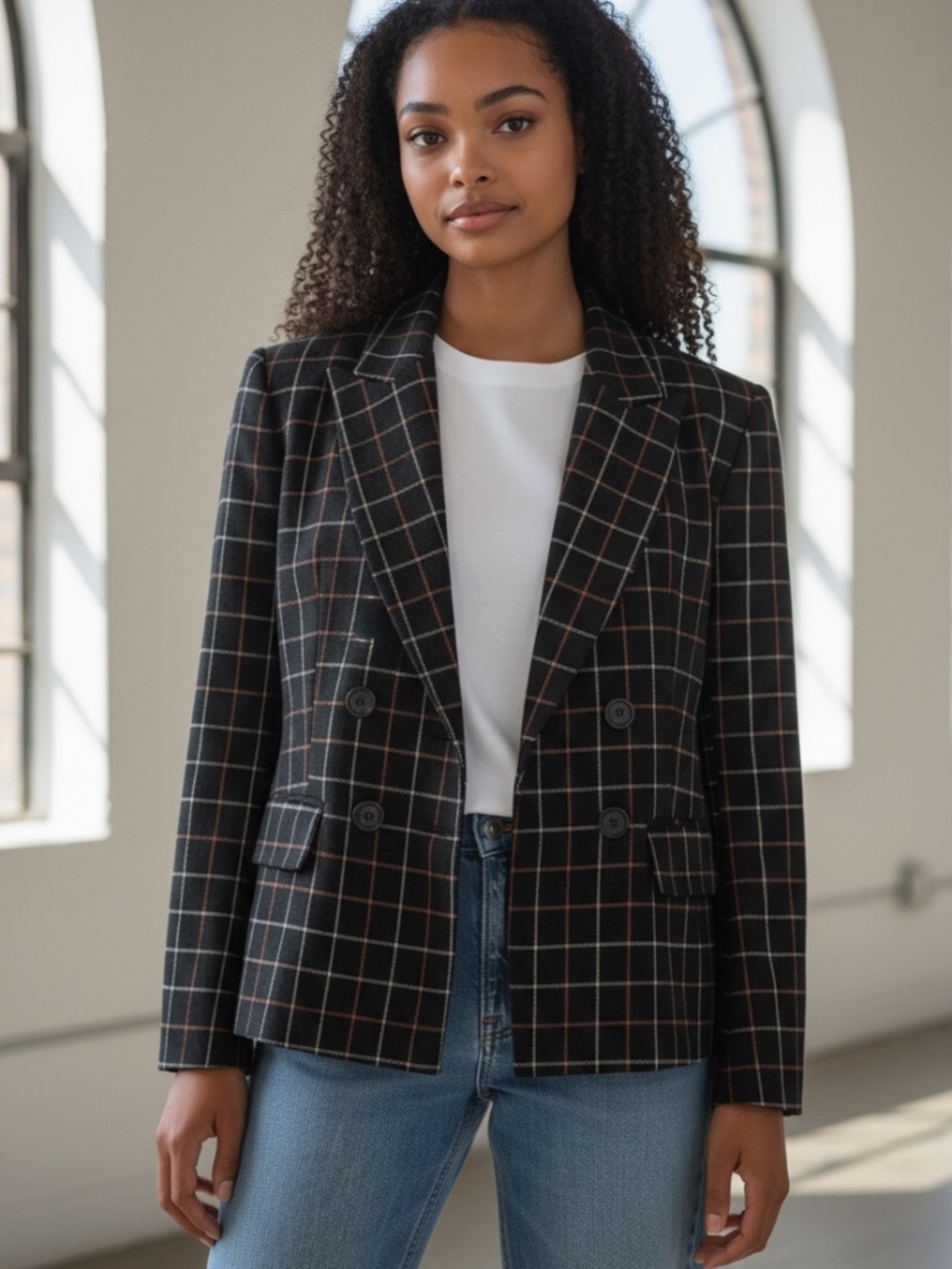 Jones New York Women Windowpane Double-Breasted Blazer Size 12 Black/White/Red